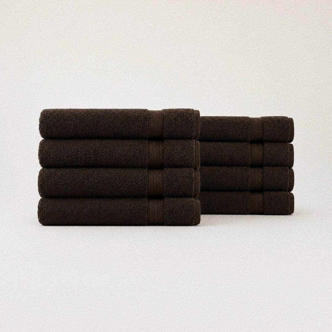 Eight folded Ultrasoft bath towels (Espresso Brown)
