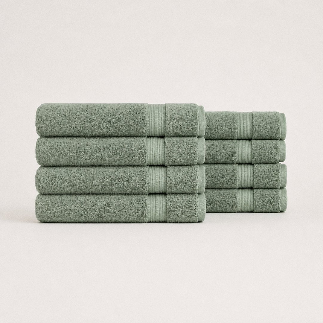 Eight folded Ultrasoft bath towels (Sage)
