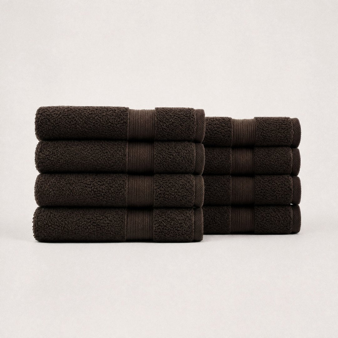 Eight folded Ultrasoft hand towels (Espresso Brown)