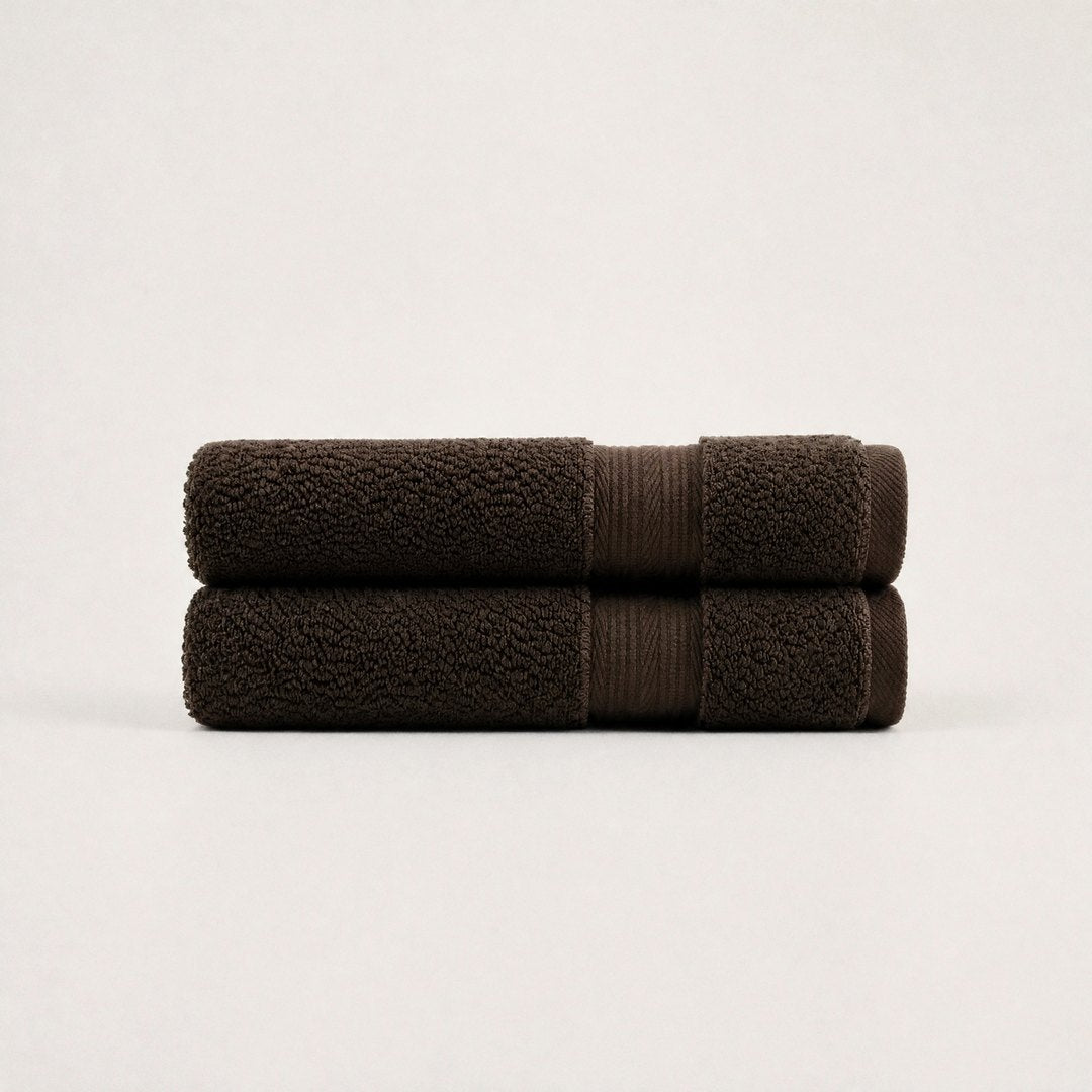 Two folded Ultrasoft hand towels (Espresso Brown)